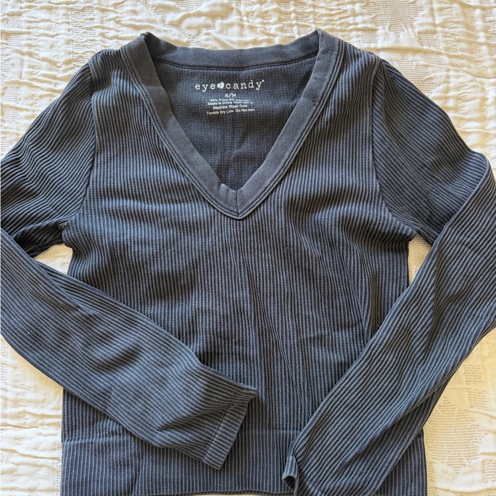 Eye Candy Charcoal Ribbed V-Neck Top